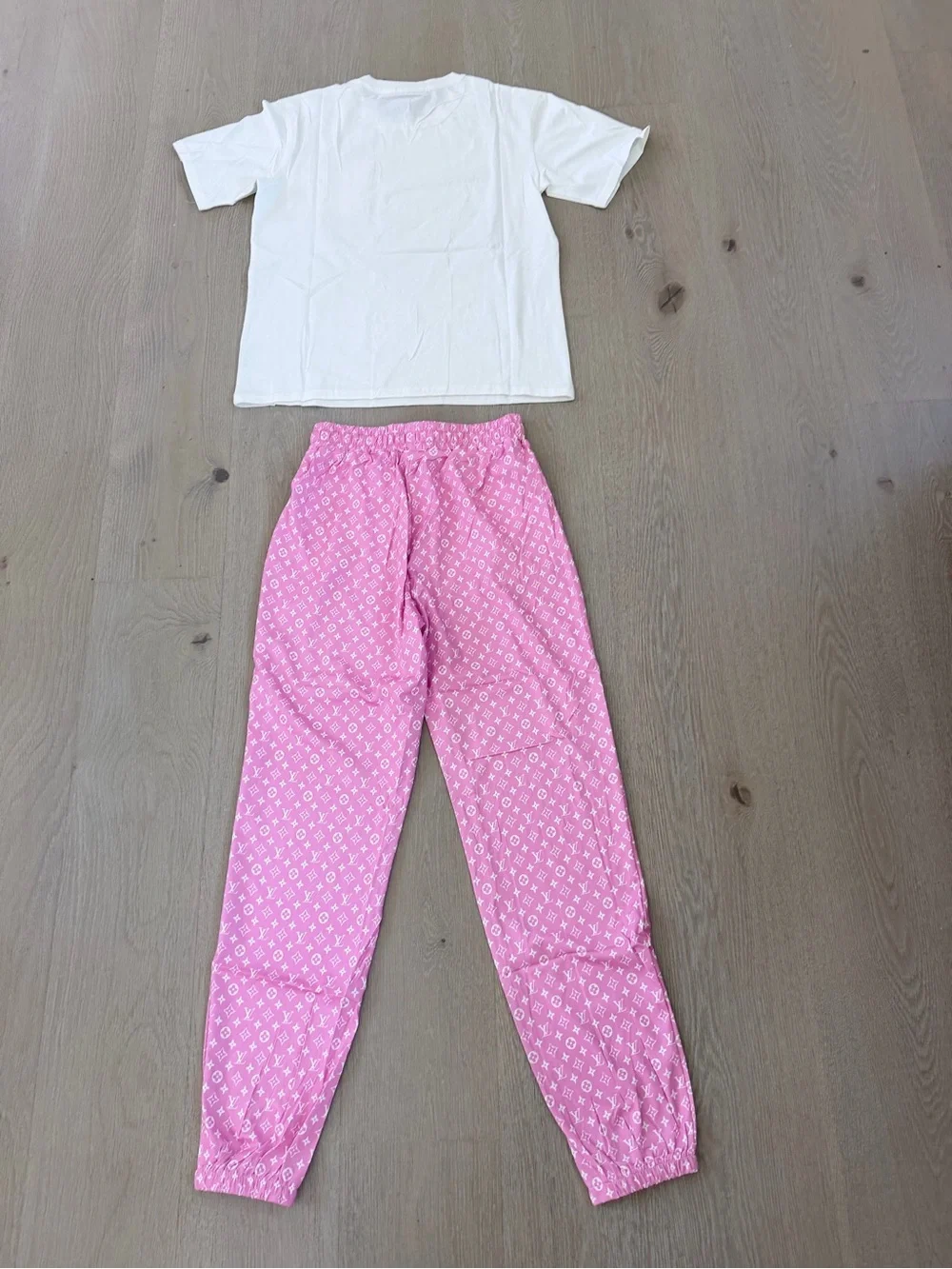 Women's Pink Patterned Lounge Set - White Top & Pink Pants size S